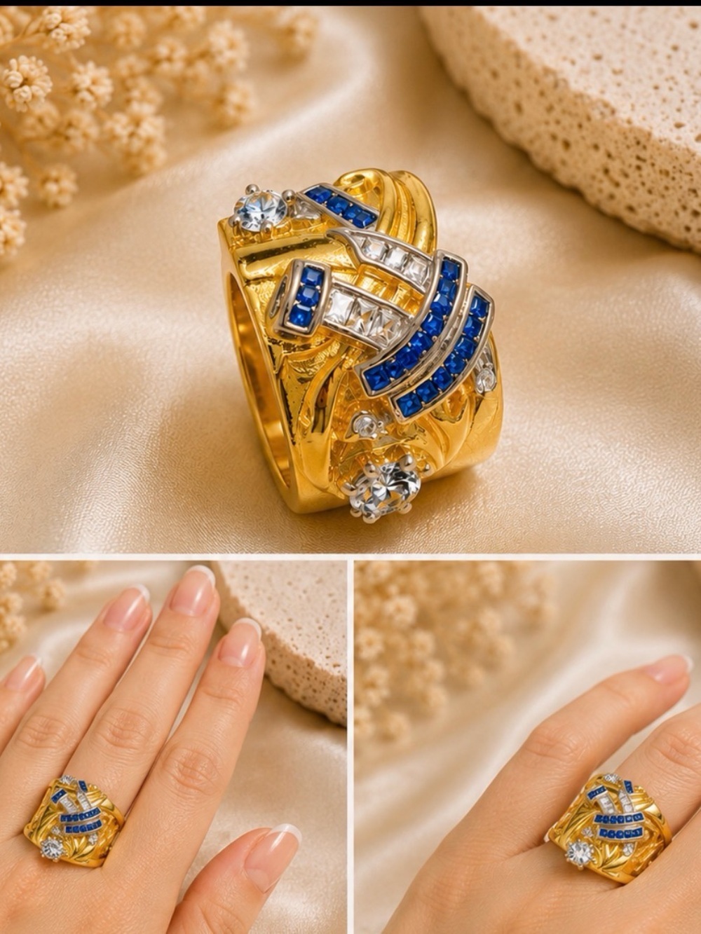 Gold & Blue Crystal Statement Ring | Wide Band Cocktail Ring